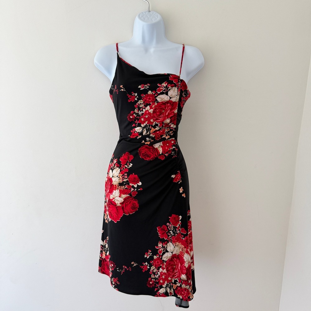 Forever 21 Black Red Rose Floral Ruched Cowl Neck Asymmetrical Midi Dress
